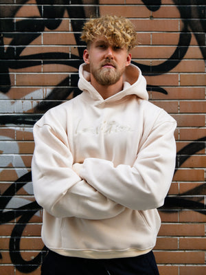Oversized Scripted Hoodie - Beige